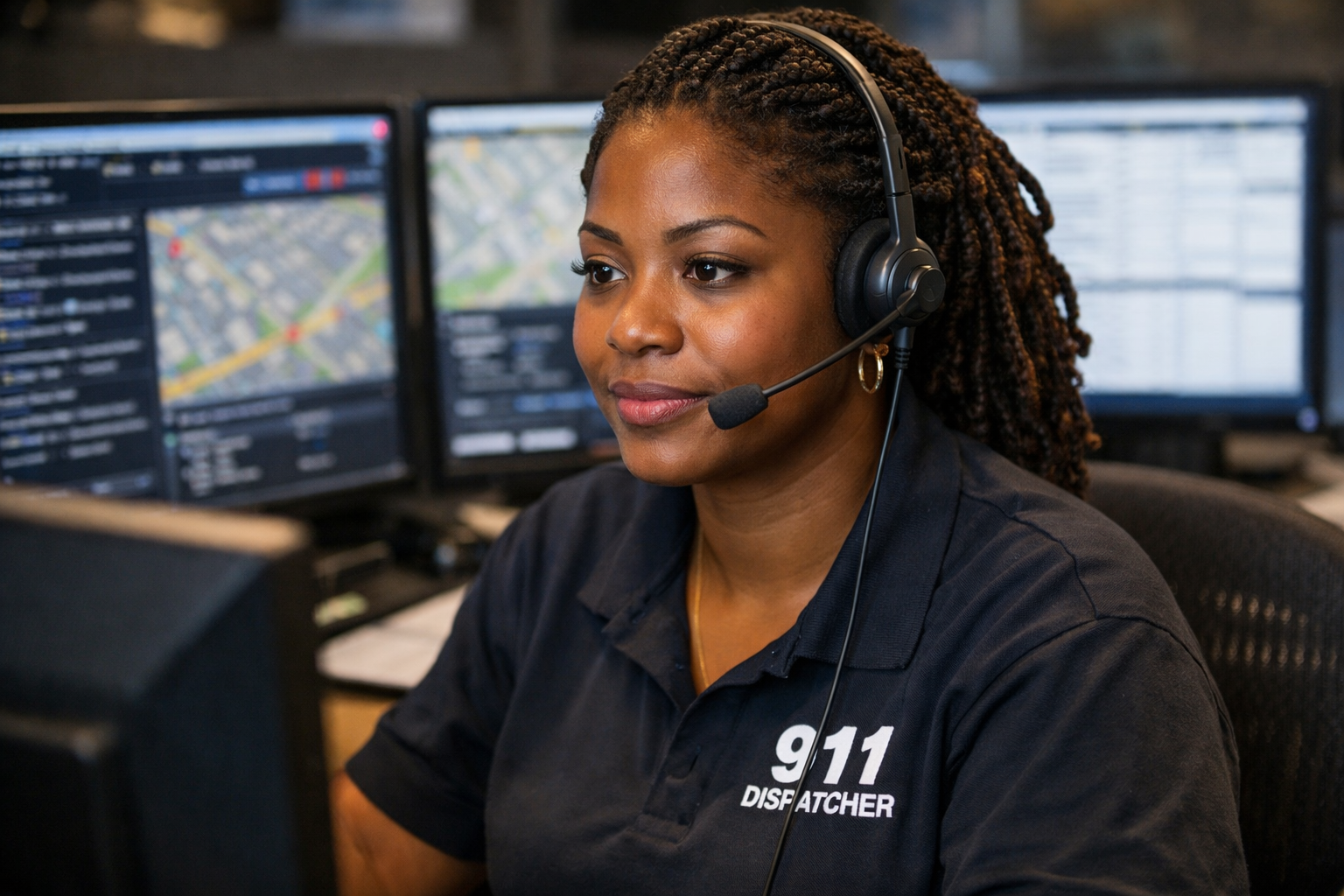 911 emergency dispatcher with headset sitting in front of a monitor Make the dispatcher a woman of color-2
