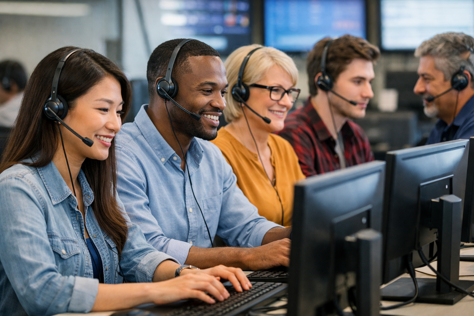 Contact Center Operators sitting at a computer  have the operators have a variety of ethnicities genders and ages from 22  55 years